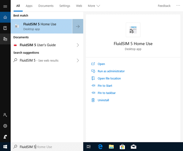 FluidSIM 5 Home Use in der Windows 10 Suche