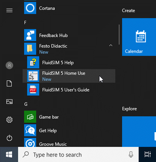 FluidSIM 5 Home Use in Windows 10 Start Menu